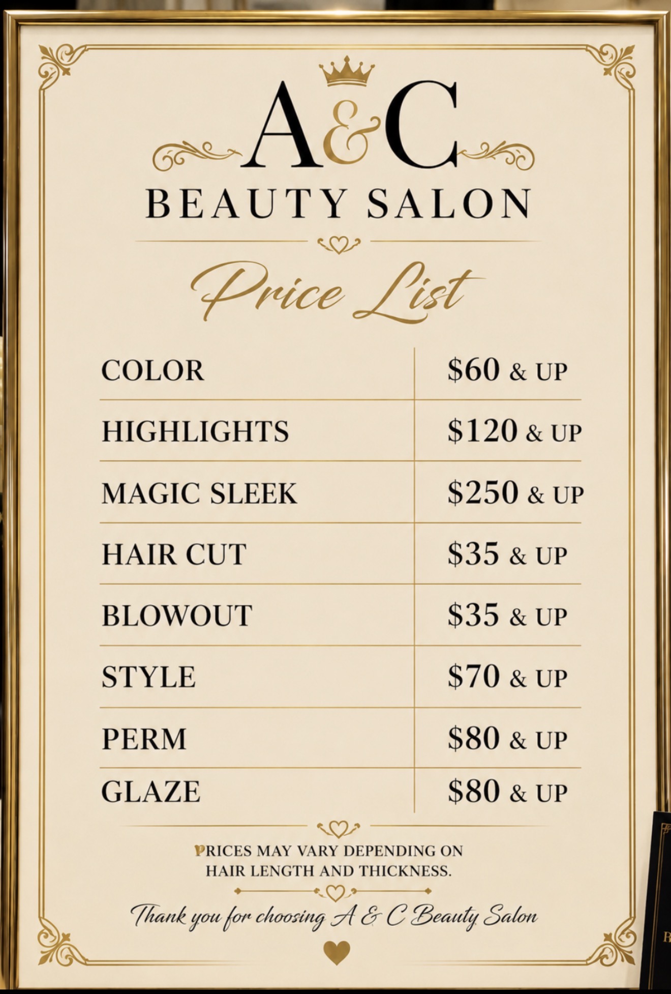 A&C Beauty Salon printed price list